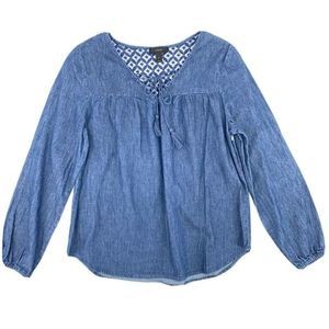 J. Crew Womens Chambray Denim Lace Back Tassel Tie Top size Small